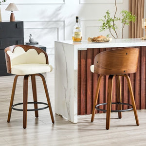 English Elm 2-Piece Swivel Barstools Set with Floral Bentwood Backs White PU Leather Walnut Legs White+Walnut W1151P433529
