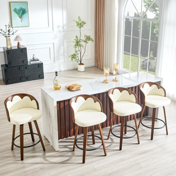English Elm 2-Piece Swivel Barstools Set with Floral Bentwood Backs White PU Leather Walnut Legs White+Walnut W1151P433529