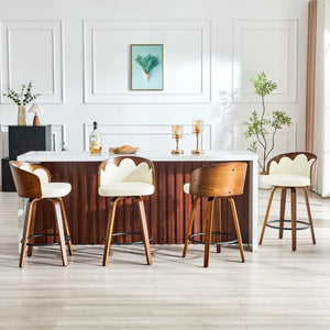 English Elm 2-Piece Swivel Barstools Set with Floral Bentwood Backs White PU Leather Walnut Legs White+Walnut W1151P433529