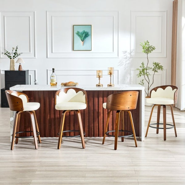 English Elm 2-Piece Swivel Barstools Set with Floral Bentwood Backs White PU Leather Walnut Legs White+Walnut W1151P433529