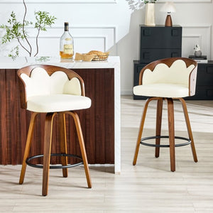 English Elm 2-Piece Swivel Barstools Set with Floral Bentwood Backs White PU Leather Walnut Legs White+Walnut W1151P433529