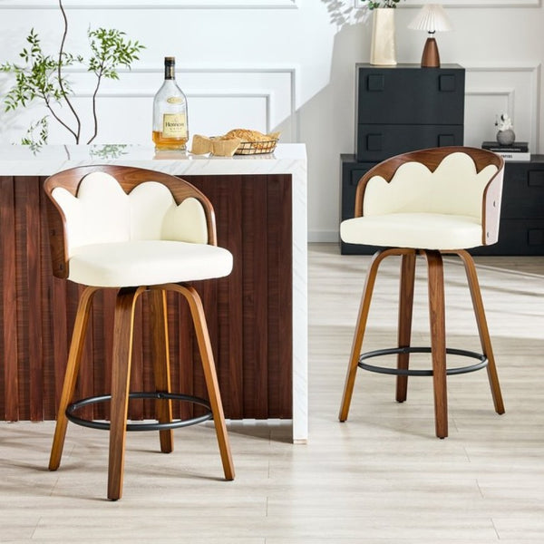 English Elm 2-Piece Swivel Barstools Set with Floral Bentwood Backs White PU Leather Walnut Legs White+Walnut W1151P433529