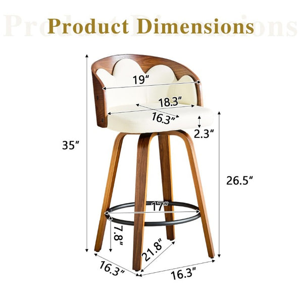 English Elm 2-Piece Swivel Barstools Set with Floral Bentwood Backs White PU Leather Walnut Legs White+Walnut W1151P433529