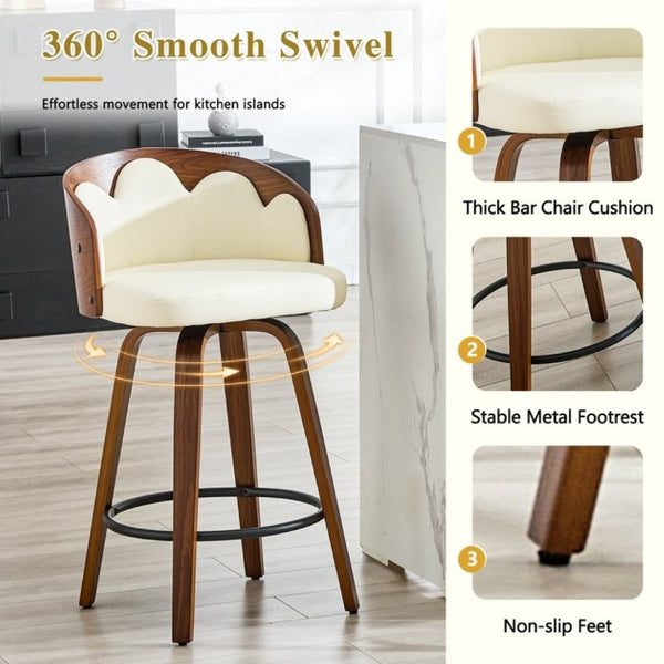 English Elm 2-Piece Swivel Barstools Set with Floral Bentwood Backs White PU Leather Walnut Legs White+Walnut W1151P433529