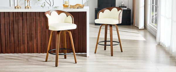 English Elm 2-Piece Swivel Barstools Set with Floral Bentwood Backs White PU Leather Walnut Legs White+Walnut W1151P433529