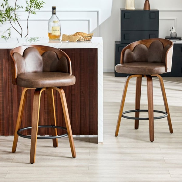 English Elm 2-Piece Swivel Barstools Set with Floral Bentwood Backs White PU Leather Walnut Legs Brown+Walnut W1151P433530
