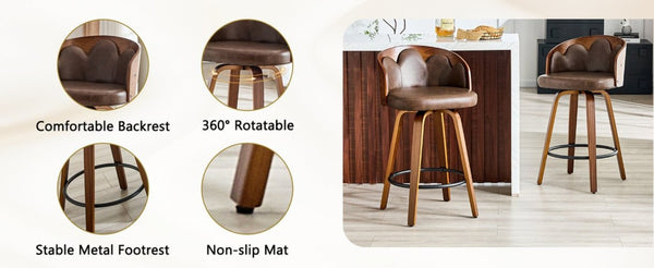 English Elm 2-Piece Swivel Barstools Set with Floral Bentwood Backs White PU Leather Walnut Legs Brown+Walnut W1151P433530