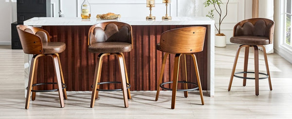 English Elm 2-Piece Swivel Barstools Set with Floral Bentwood Backs White PU Leather Walnut Legs Brown+Walnut W1151P433530