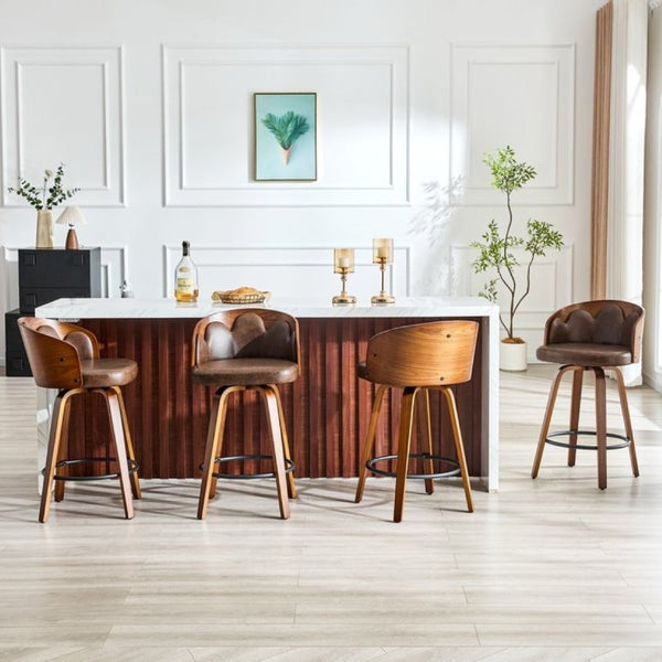 English Elm 2-Piece Swivel Barstools Set with Floral Bentwood Backs White PU Leather Walnut Legs Brown+Walnut W1151P433530