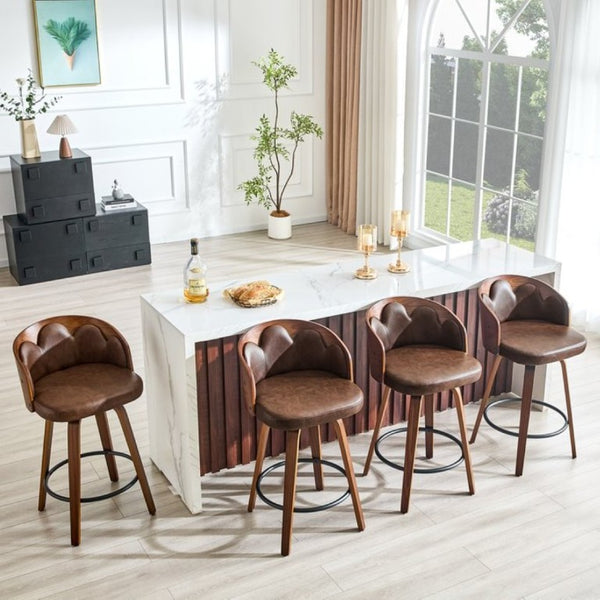 English Elm 2-Piece Swivel Barstools Set with Floral Bentwood Backs White PU Leather Walnut Legs Brown+Walnut W1151P433530