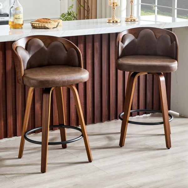 English Elm 2-Piece Swivel Barstools Set with Floral Bentwood Backs White PU Leather Walnut Legs Brown+Walnut W1151P433530