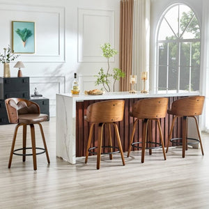 English Elm 2-Piece Swivel Barstools Set with Floral Bentwood Backs White PU Leather Walnut Legs Brown+Walnut W1151P433530