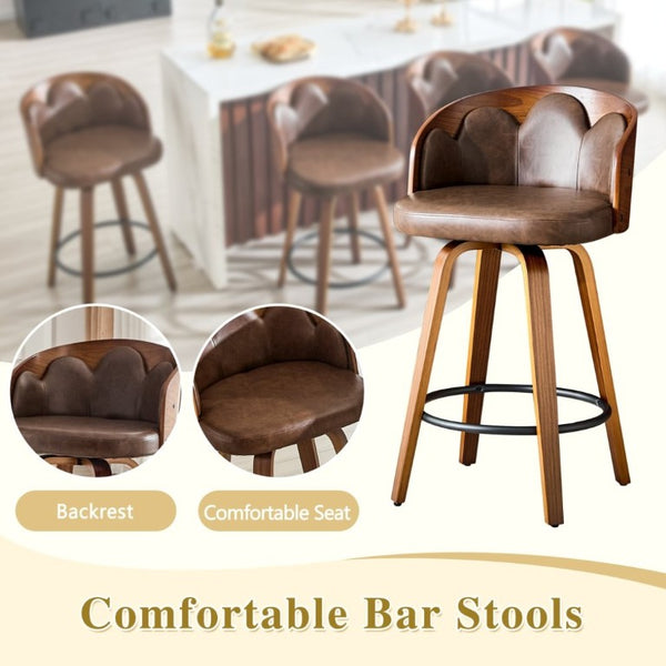 English Elm 2-Piece Swivel Barstools Set with Floral Bentwood Backs White PU Leather Walnut Legs Brown+Walnut W1151P433530