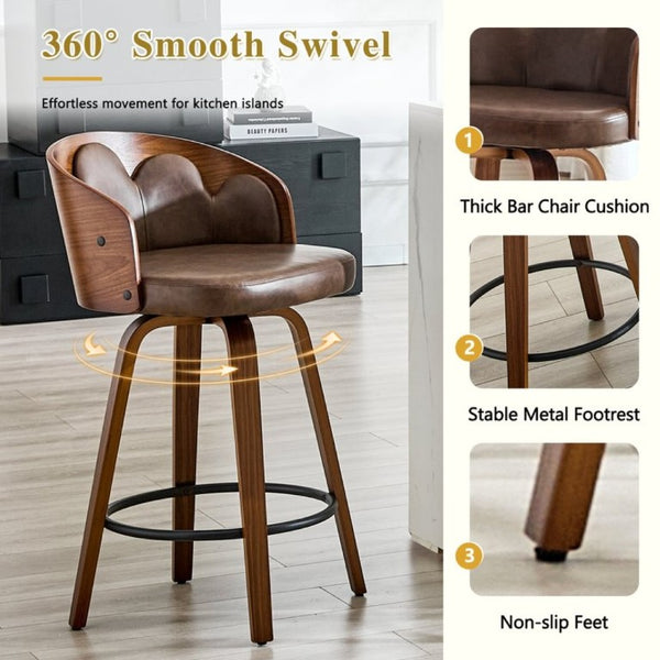 English Elm 2-Piece Swivel Barstools Set with Floral Bentwood Backs White PU Leather Walnut Legs Brown+Walnut W1151P433530