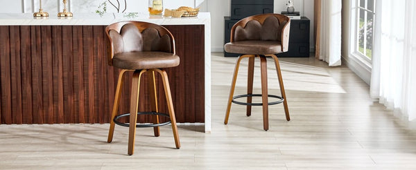 English Elm 2-Piece Swivel Barstools Set with Floral Bentwood Backs White PU Leather Walnut Legs Brown+Walnut W1151P433530