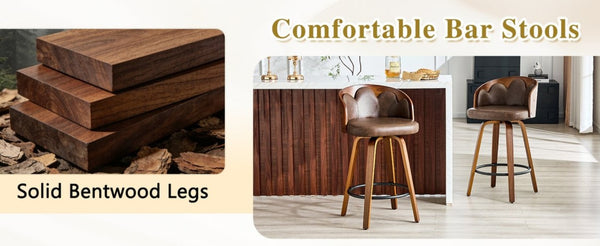 English Elm 2-Piece Swivel Barstools Set with Floral Bentwood Backs White PU Leather Walnut Legs Brown+Walnut W1151P433530