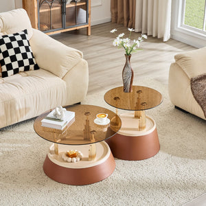 English Elm Luxury-Inspired Round Nesting Coffee Tables with Amber Glass and Gold Metal Base Set W1151P433966