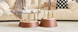 English Elm Luxury-Inspired Round Nesting Coffee Tables with Amber Glass and Gold Metal Base Set W1151P433966