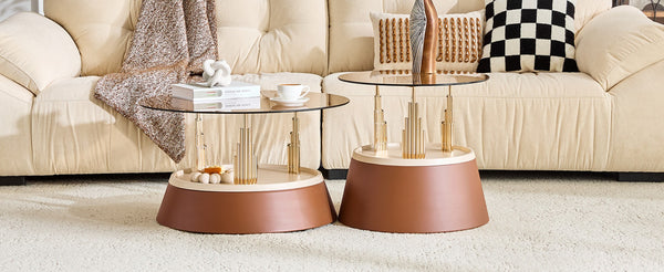 English Elm Luxury-Inspired Round Nesting Coffee Tables with Amber Glass and Gold Metal Base Set W1151P433966