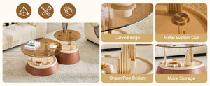 English Elm Luxury-Inspired Round Nesting Coffee Tables with Amber Glass and Gold Metal Base Set W1151P433966