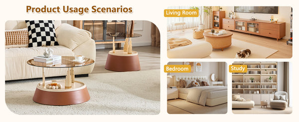 English Elm Luxury-Inspired Round Nesting Coffee Tables with Amber Glass and Gold Metal Base Set W1151P433966