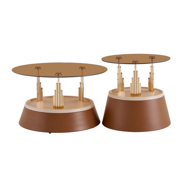 English Elm Luxury-Inspired Round Nesting Coffee Tables with Amber Glass and Gold Metal Base Set W1151P433966