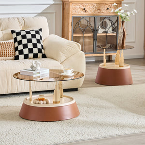 English Elm Luxury-Inspired Round Nesting Coffee Tables with Amber Glass and Gold Metal Base Set W1151P433966