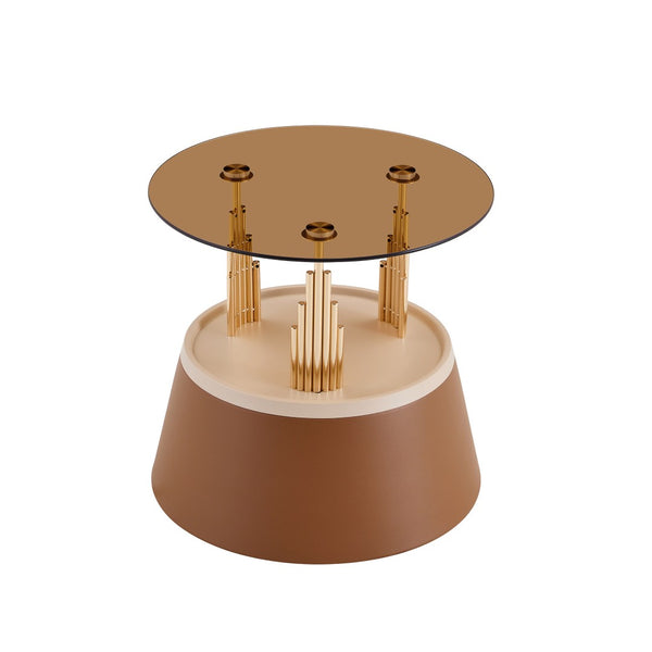 English Elm Luxury-Inspired Round Nesting Coffee Tables with Amber Glass and Gold Metal Base Set W1151P433966