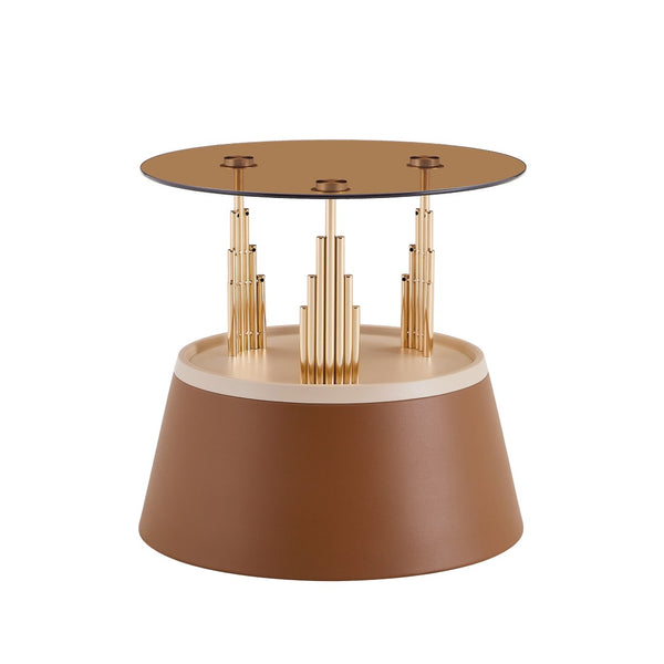 English Elm Luxury-Inspired Round Nesting Coffee Tables with Amber Glass and Gold Metal Base Set W1151P433966