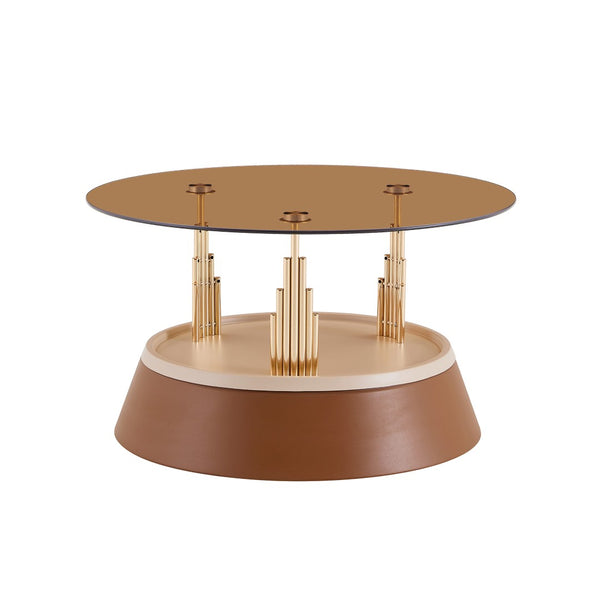 English Elm Luxury-Inspired Round Nesting Coffee Tables with Amber Glass and Gold Metal Base Set W1151P433966