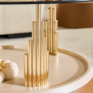 English Elm Luxury-Inspired Round Nesting Coffee Tables with Amber Glass and Gold Metal Base Set W1151P433966