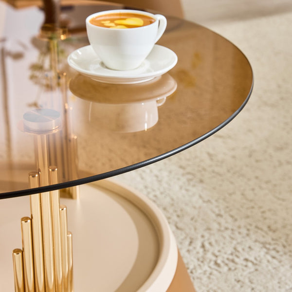 English Elm Luxury-Inspired Round Nesting Coffee Tables with Amber Glass and Gold Metal Base Set W1151P433966