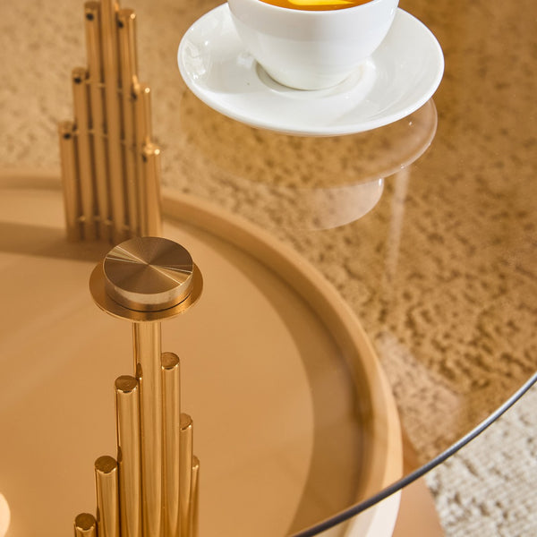 English Elm Luxury-Inspired Round Nesting Coffee Tables with Amber Glass and Gold Metal Base Set W1151P433966