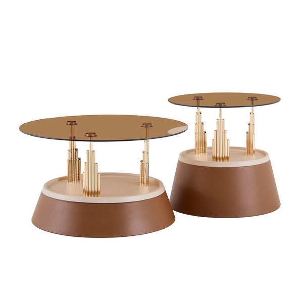 English Elm Luxury-Inspired Round Nesting Coffee Tables with Amber Glass and Gold Metal Base Set W1151P433966