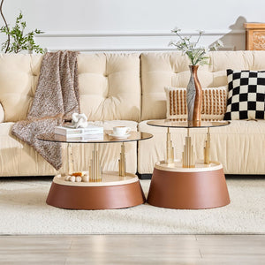 English Elm Luxury-Inspired Round Nesting Coffee Tables with Amber Glass and Gold Metal Base Set W1151P433966