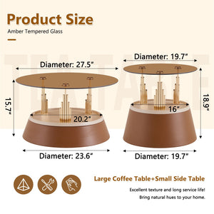 English Elm Luxury-Inspired Round Nesting Coffee Tables with Amber Glass and Gold Metal Base Set W1151P433966