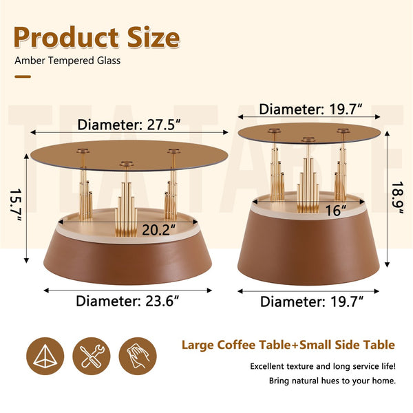 English Elm Luxury-Inspired Round Nesting Coffee Tables with Amber Glass and Gold Metal Base Set W1151P433966