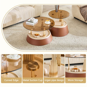English Elm Luxury-Inspired Round Nesting Coffee Tables with Amber Glass and Gold Metal Base Set W1151P433966