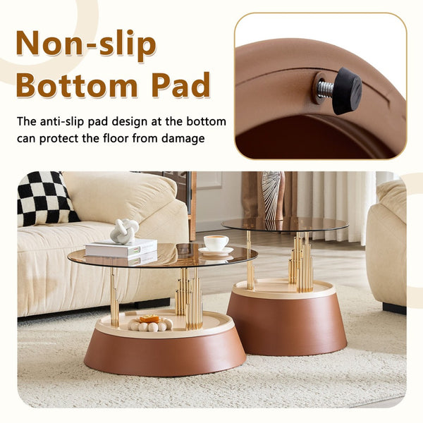English Elm Luxury-Inspired Round Nesting Coffee Tables with Amber Glass and Gold Metal Base Set W1151P433966