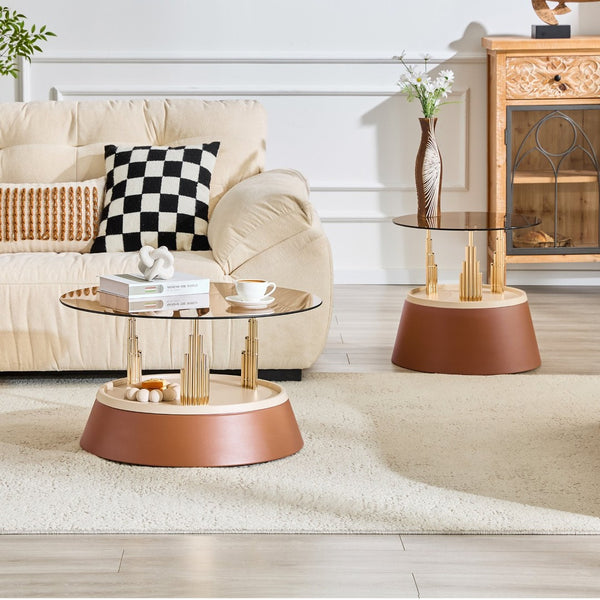 English Elm Luxury-Inspired Round Nesting Coffee Tables with Amber Glass and Gold Metal Base Set W1151P433966