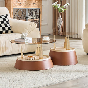 English Elm Luxury-Inspired Round Nesting Coffee Tables with Amber Glass and Gold Metal Base Set W1151P433966