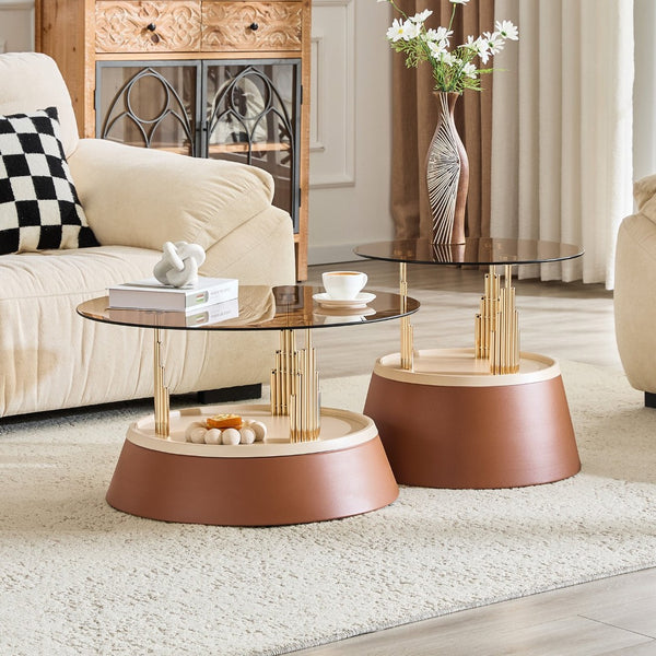 English Elm Luxury-Inspired Round Nesting Coffee Tables with Amber Glass and Gold Metal Base Set W1151P433966