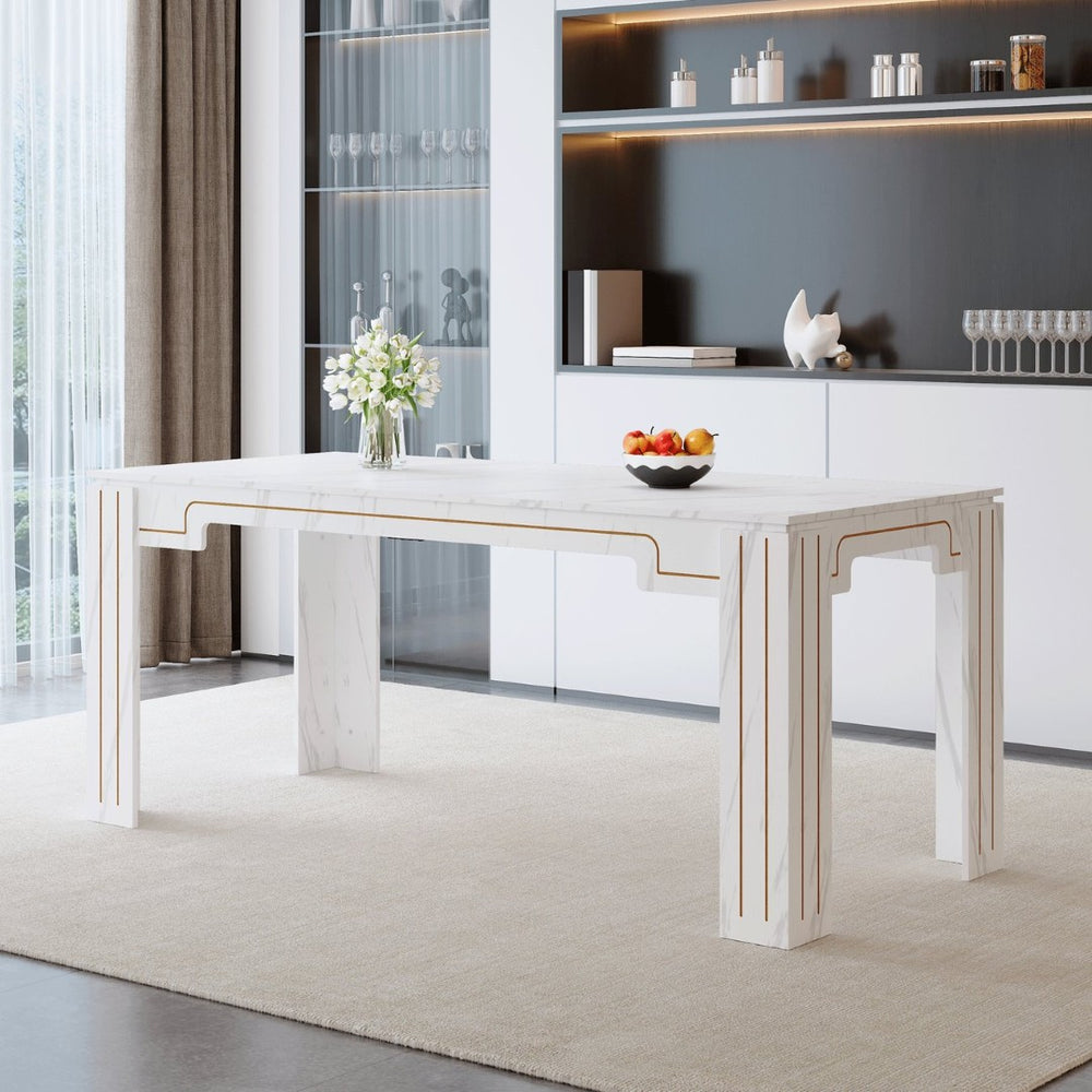 English Elm 71 Inch Marble Finish MDF Dining Table with Grooved Legs Seats Eight in Modern Style W1151P434797