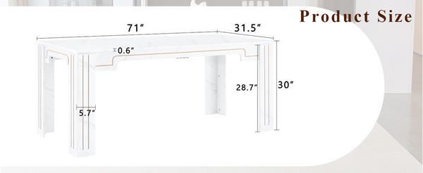 English Elm 71 Inch Marble Finish MDF Dining Table with Grooved Legs Seats Eight in Modern Style W1151P434797
