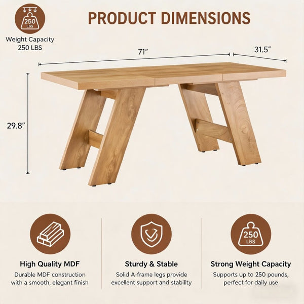 English Elm 71×31.5Inches Light Wood Grain MDF Rectangular Dining Table with V Shaped Legs Seats Eight W1151P434799