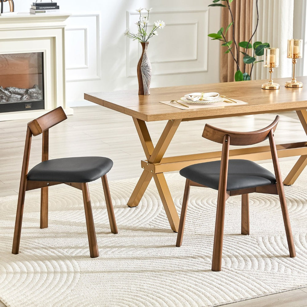 English Elm 2 Solid Wood Ergonomic Dining Chairs with Pu Cushioned Seats and Curved Lumbar Backrests Walnut+black W1151P436187