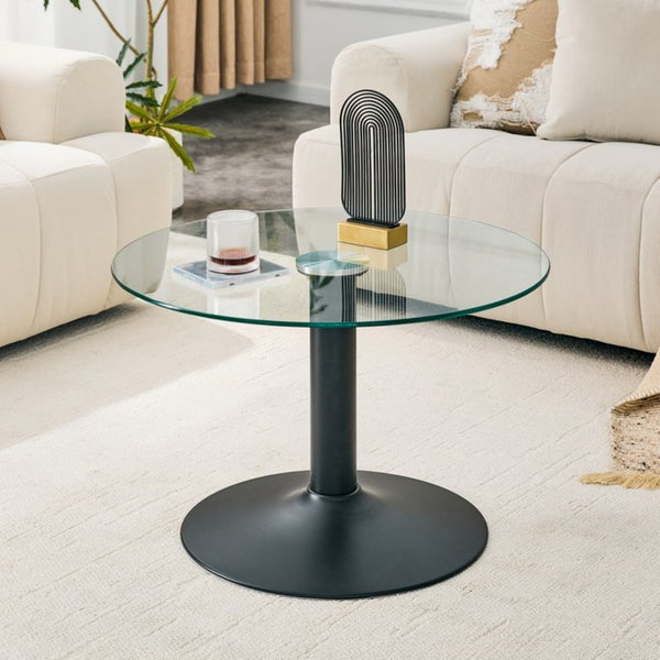 English Elm 27.5-inch Round Tempered Glass Coffee Table Matte Metal Base Modern Living Room Black W1151P439522