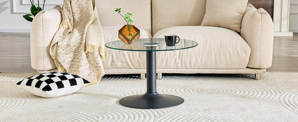 English Elm 27.5-inch Round Tempered Glass Coffee Table Matte Metal Base Modern Living Room Black W1151P439522