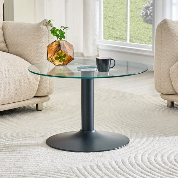 English Elm 27.5-inch Round Tempered Glass Coffee Table Matte Metal Base Modern Living Room Black W1151P439522