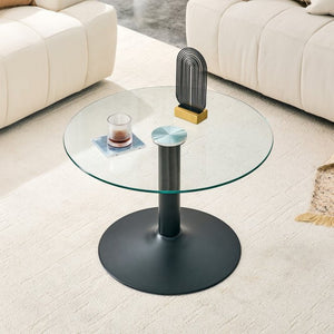 English Elm 27.5-inch Round Tempered Glass Coffee Table Matte Metal Base Modern Living Room Black W1151P439522